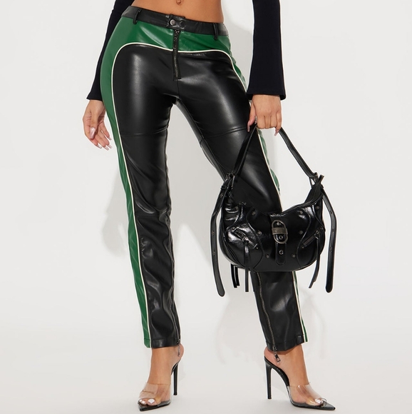 Fashion Nova Pants - NEW! Black and Green Skinny Motorcycle Faux Leather Pants 6-8